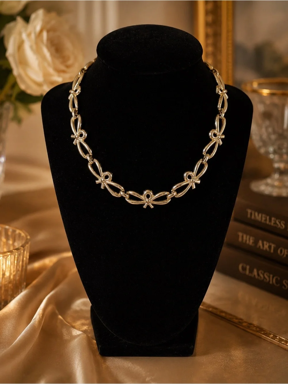 Vintage Monet Signed Openwork Bow Gold Tone Collar Necklace Coquette